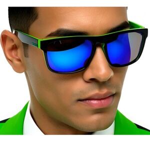 Polarized‎ Sunglasses Men Black Frame Green Accents Mirrored Lens Lentes Gafas
